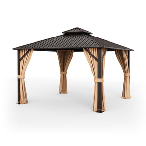Gazebo à toit rigide à double toit de 12 x 12 pieds avec filet de toit en acier galvanisé et rideaux - Café