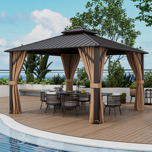 Gazebo à toit rigide à double toit de 12 x 12 pieds avec filet de toit en acier galvanisé et rideaux - Café