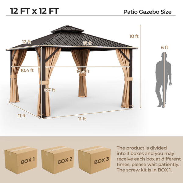 Gazebo à toit rigide à double toit de 12 x 12 pieds avec filet de toit en acier galvanisé et rideaux - Café