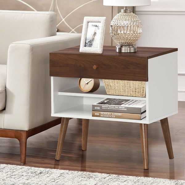Table de chevet Mid-Century avec Tiroir et Pied en Bois de Caoutchouc