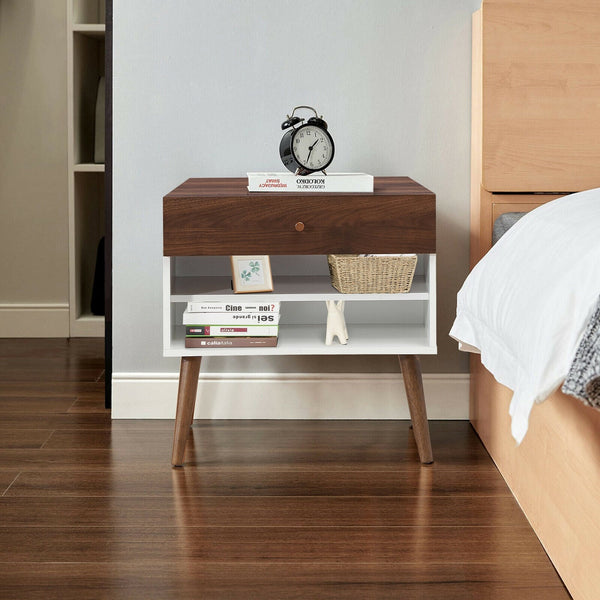 Table de chevet Mid-Century avec Tiroir et Pied en Bois de Caoutchouc