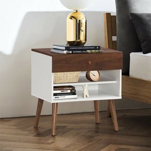 Table de chevet Mid-Century avec Tiroir et Pied en Bois de Caoutchouc
