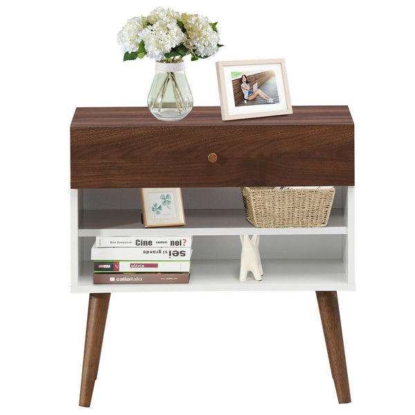 Table de chevet Mid-Century avec Tiroir et Pied en Bois de Caoutchouc