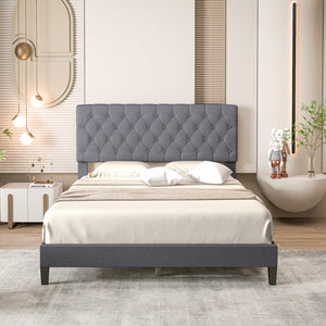 Queen Size Upholstered Platform Bed with Button-Tucked Headboard - Queen and Grey