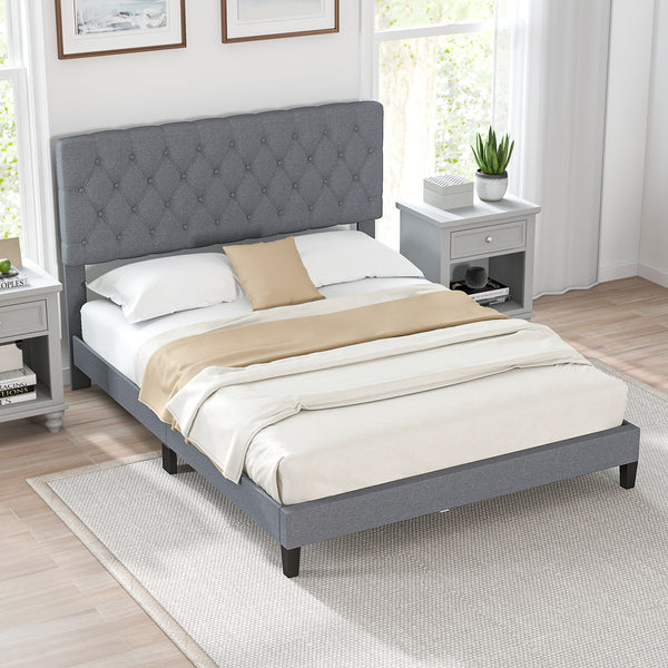 Queen Size Upholstered Platform Bed with Button-Tucked Headboard - Queen and Grey
