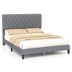 Queen Size Upholstered Platform Bed with Button-Tucked Headboard - Queen and Grey