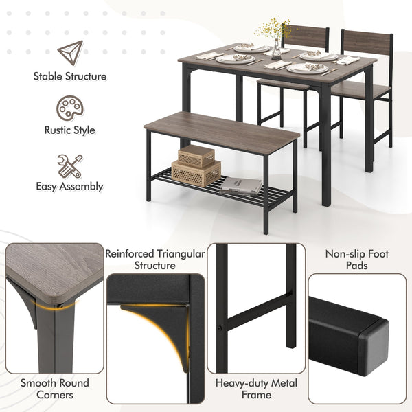 Ensemble de salle à manger rustique 4 pièces avec 2 chaises et banc - Gris