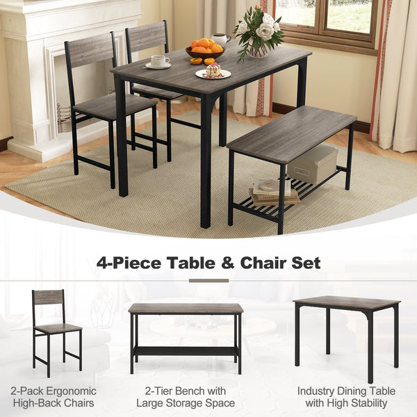 Ensemble de salle à manger rustique 4 pièces avec 2 chaises et banc - Gris