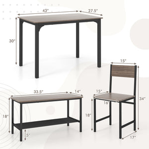 Ensemble de salle à manger rustique 4 pièces avec 2 chaises et banc - Gris