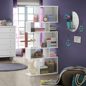 Bibliothèque géométrique en bois à 5 niveaux avec un design en forme de S - Blanc