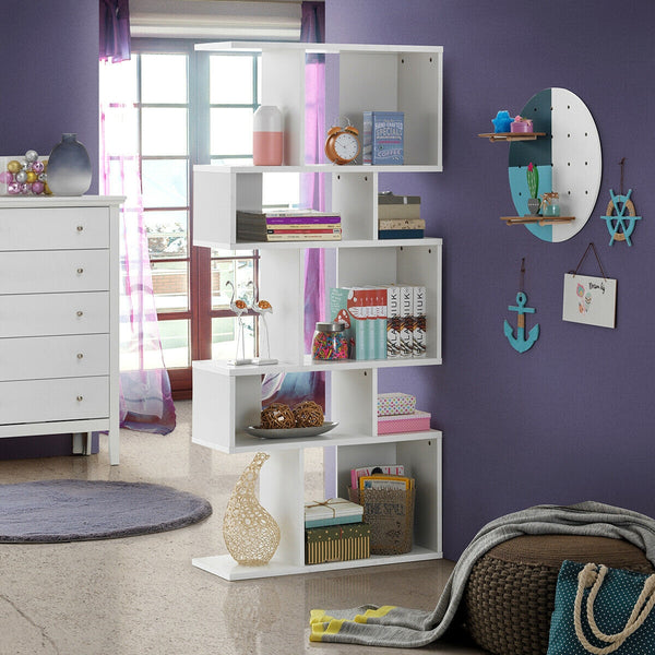 Bibliothèque géométrique en bois à 5 niveaux avec un design en forme de S - Blanc