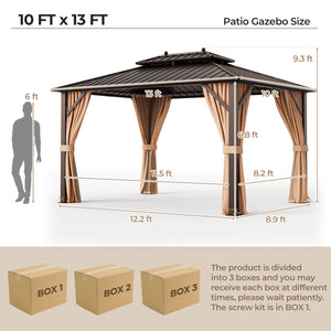 10 x 13 ft Double Roof Hard-Roof Gazebo with Galvanized Steel Roof Netting and Curtains - Cafe