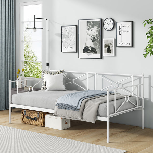 Metal double bed frame with sturdy steel slats - White