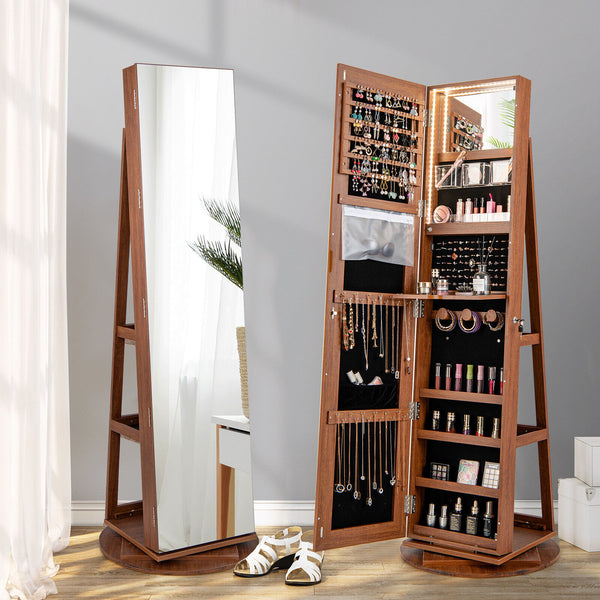 Jewelry cabinet with 360° rotating mirror, 3 color LED modes, lockable - Dark Brown