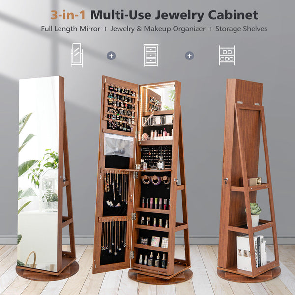 Jewelry cabinet with 360° rotating mirror, 3 color LED modes, lockable - Dark Brown
