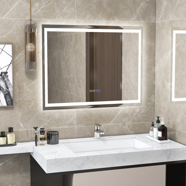 LED bathroom mirror, rectangular wall-mounted mirror with 3-color dimmable lights - M