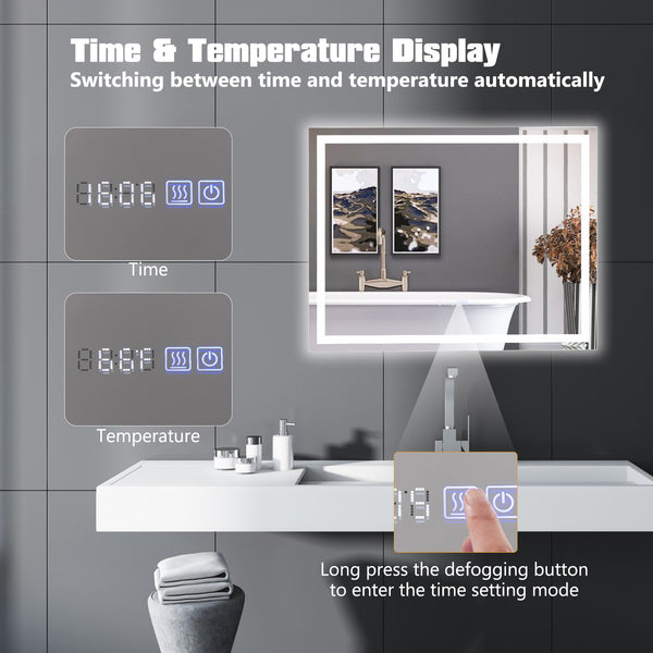 LED bathroom mirror, rectangular wall-mounted mirror with 3-color dimmable lights - M