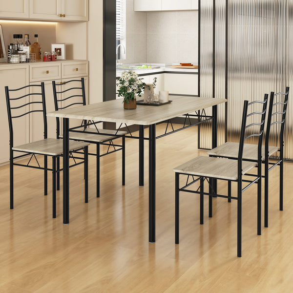 Set of 5 wooden and metal dining tables with 4 chairs