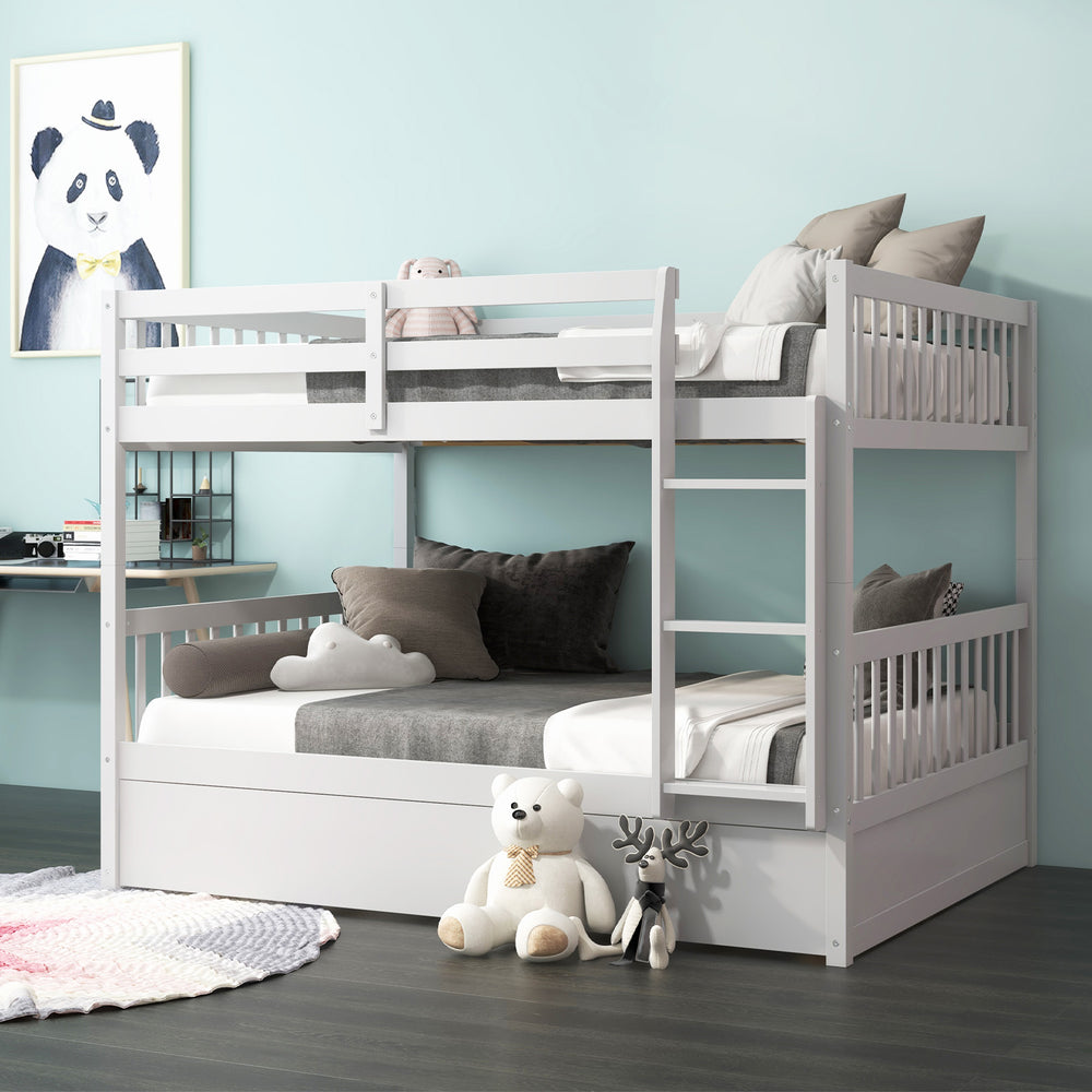 Full bunk bed on a wooden platform bed