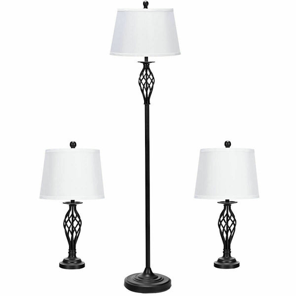 Set of 3 lamps: 2 table lamps and 1 floor lamp with fabric shades