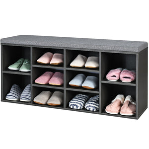 Upholstered entryway shoe storage bench with 10-cube organizer - Gray