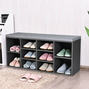 Upholstered entryway shoe storage bench with 10-cube organizer - Gray