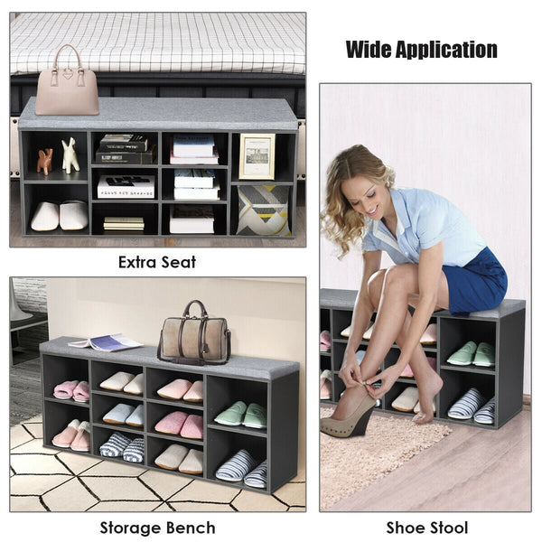 Upholstered entryway shoe storage bench with 10-cube organizer - Gray