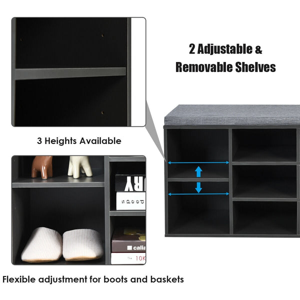 Upholstered entryway shoe storage bench with 10-cube organizer - Gray