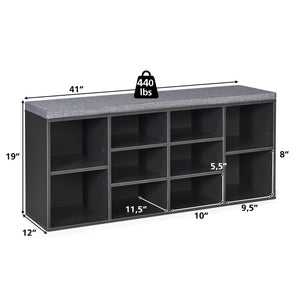 Upholstered entryway shoe storage bench with 10-cube organizer - Gray