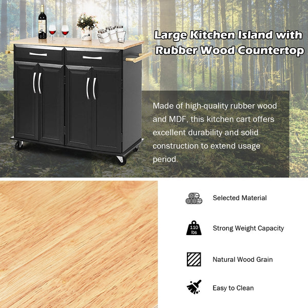 Armoire de rangement pour chariot de cuisine à roulettes avec dessus en bois - Noir
