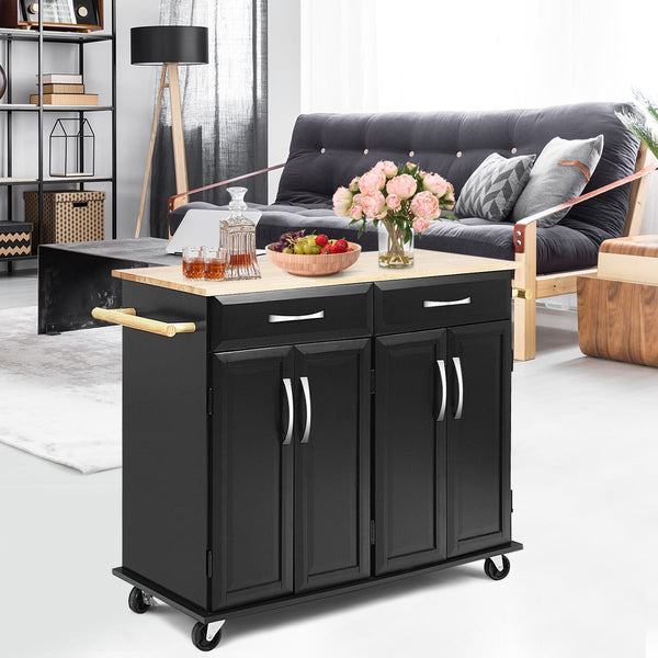 Armoire de rangement pour chariot de cuisine à roulettes avec dessus en bois - Noir