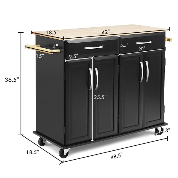 Armoire de rangement pour chariot de cuisine à roulettes avec dessus en bois - Noir
