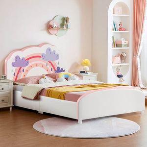 Lit plateforme rembourré en bois pour enfants avec motif arc-en-ciel