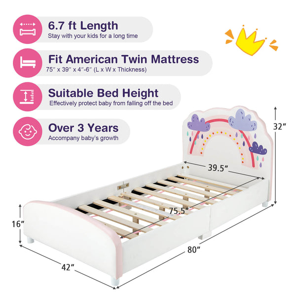 Lit plateforme rembourré en bois pour enfants avec motif arc-en-ciel