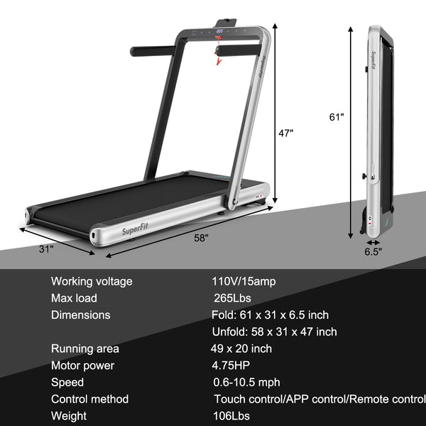 Folding Treadmill 4 75HP 2 in 1 with APP Remote Control - Silver