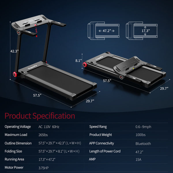 Tapis de course électrique pliable de 3 75 CV avec application Bluetooth autonome