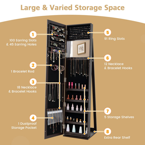 Armoire à bijoux autoportante verrouillable avec miroir pleine longueur