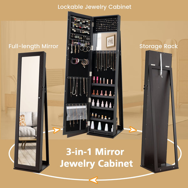 Armoire à bijoux autoportante verrouillable avec miroir pleine longueur