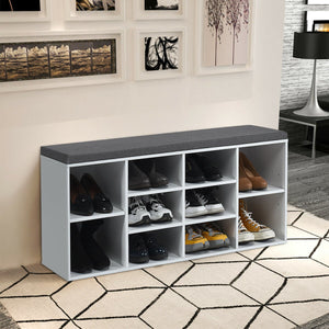 Upholstered entryway shoe storage bench with 10-cube organizer - Gray