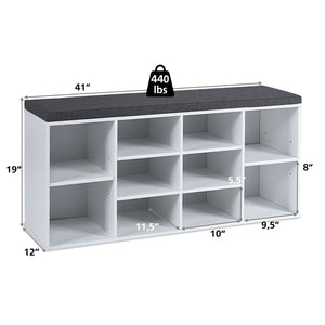 Upholstered entryway shoe storage bench with 10-cube organizer - Gray