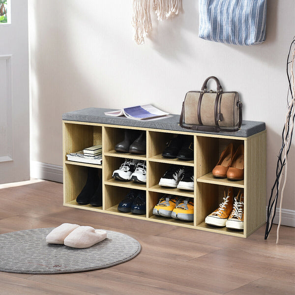Upholstered entryway shoe storage bench with 10-cube organizer - Gray