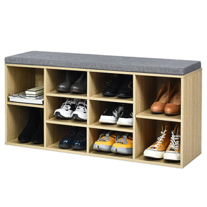 Upholstered entryway shoe storage bench with 10-cube organizer - Gray