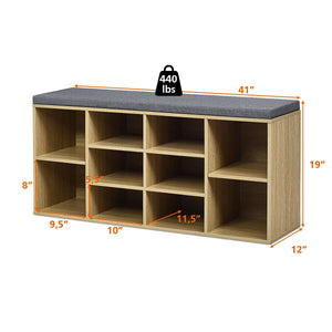 Upholstered entryway shoe storage bench with 10-cube organizer - Gray