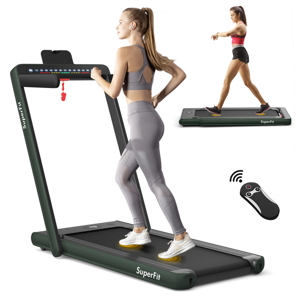 2-in-1 Electric Treadmill with Dual Display and Speaker - Green
