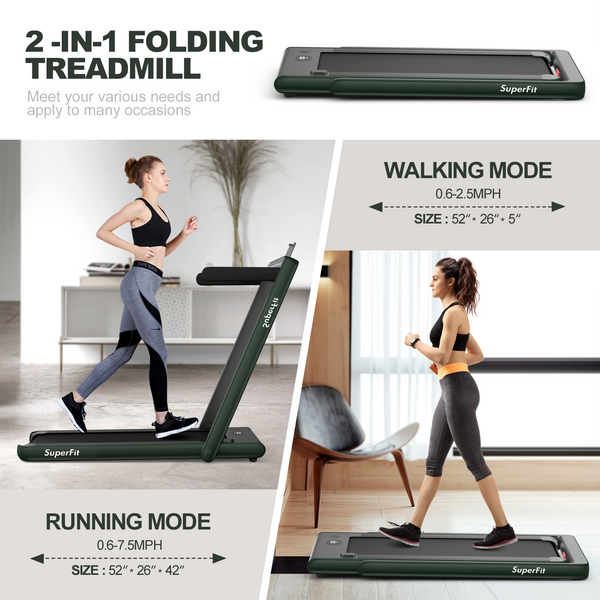 2-in-1 Electric Treadmill with Dual Display and Speaker - Green