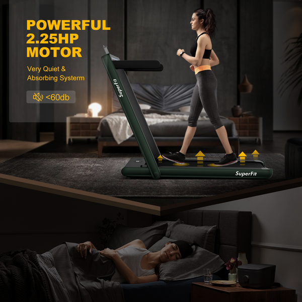 2-in-1 Electric Treadmill with Dual Display and Speaker - Green