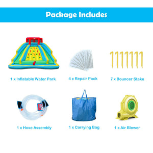 Château gonflable pour parc aquatique avec double toboggan et mur d'escalade avec souffleur de 735 W