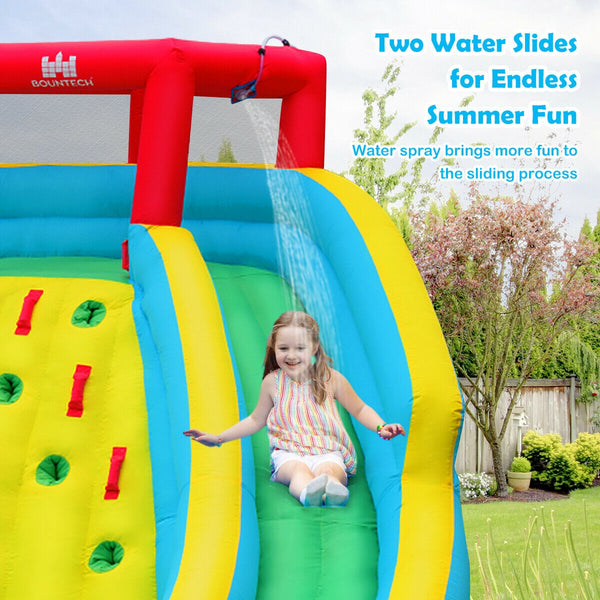 Château gonflable pour parc aquatique avec double toboggan et mur d'escalade avec souffleur de 735 W