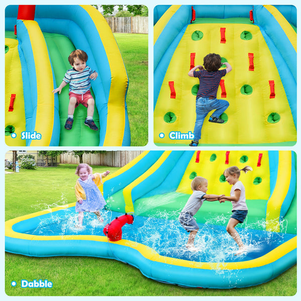 Château gonflable pour parc aquatique avec double toboggan et mur d'escalade avec souffleur de 735 W