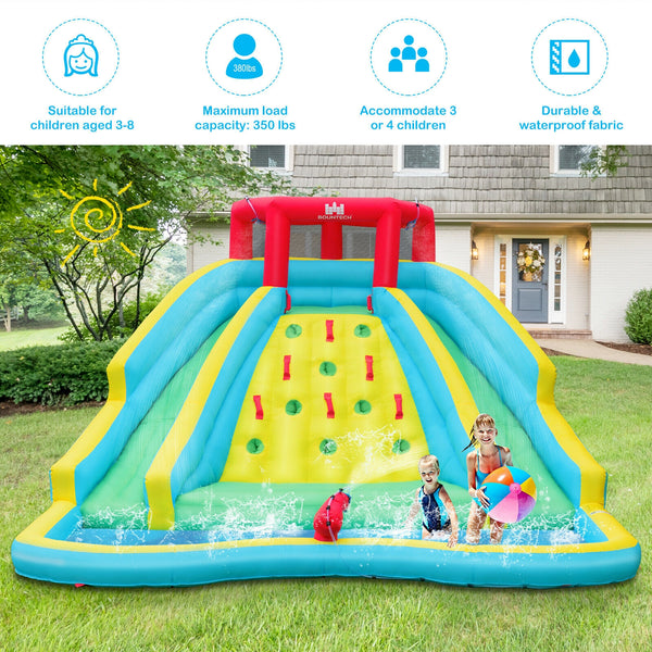 Château gonflable pour parc aquatique avec double toboggan et mur d'escalade avec souffleur de 735 W